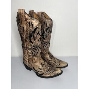 Corral Amarillo Cowboy Boot Black Sequin Inlay Snip Toe Women’s Size 8.5